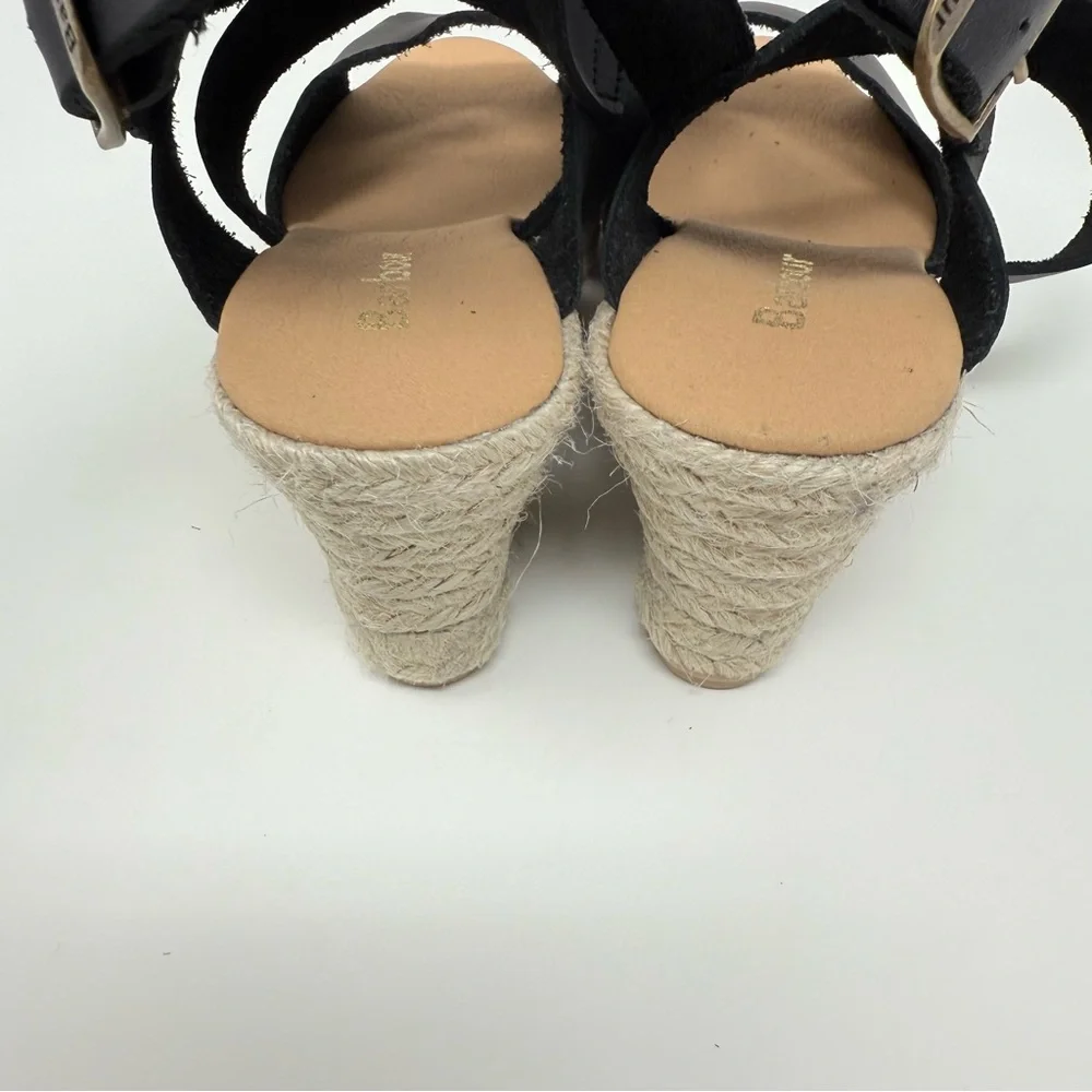 New Barbour Yolanda Leather Espadrille Wedge Sandals Black Women's Sz 36 / US 5